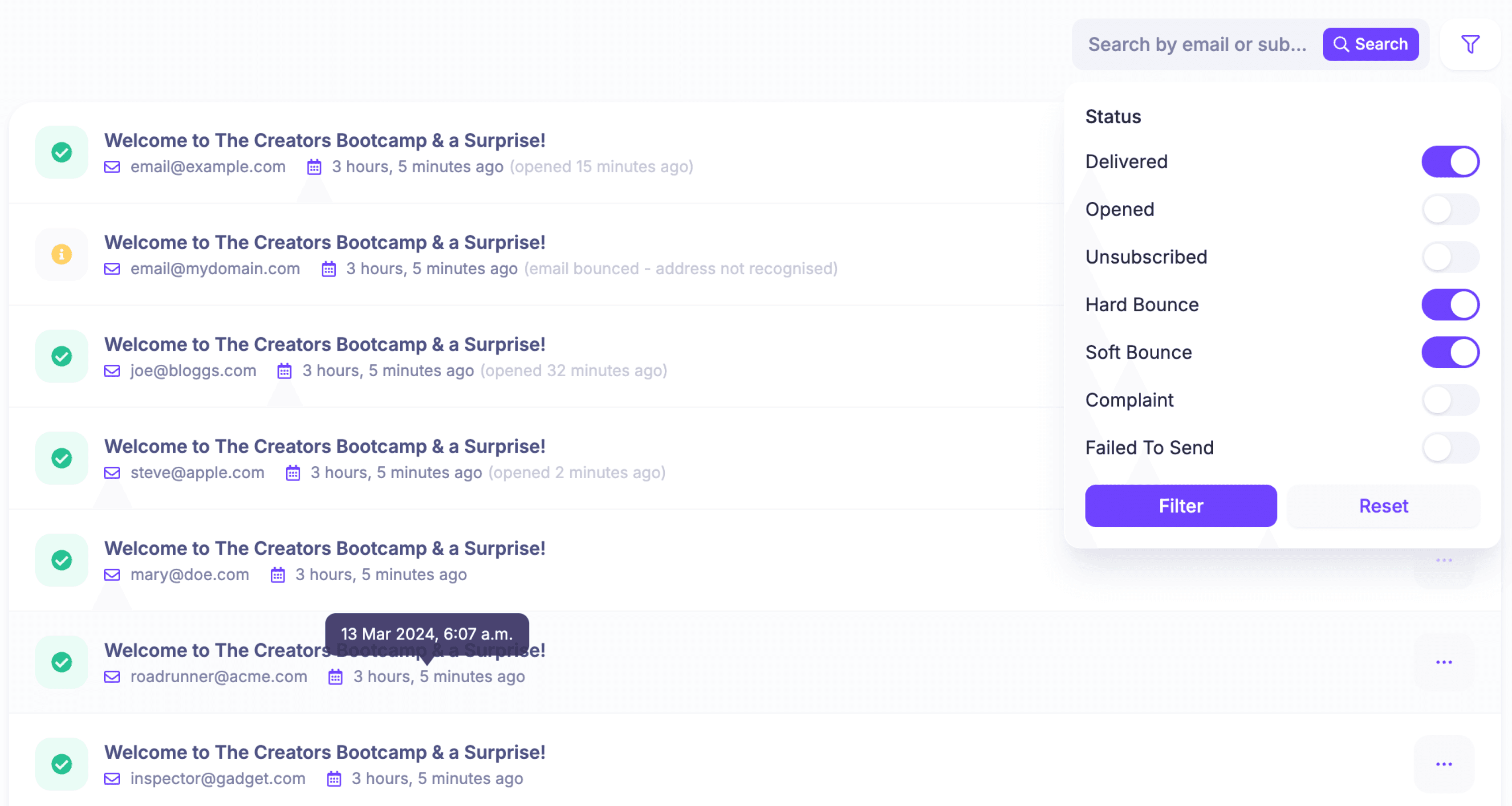 Powerful reporting to help you keep track of emails sent. E.g. so that you can check if a specific email bounced or failed to send.