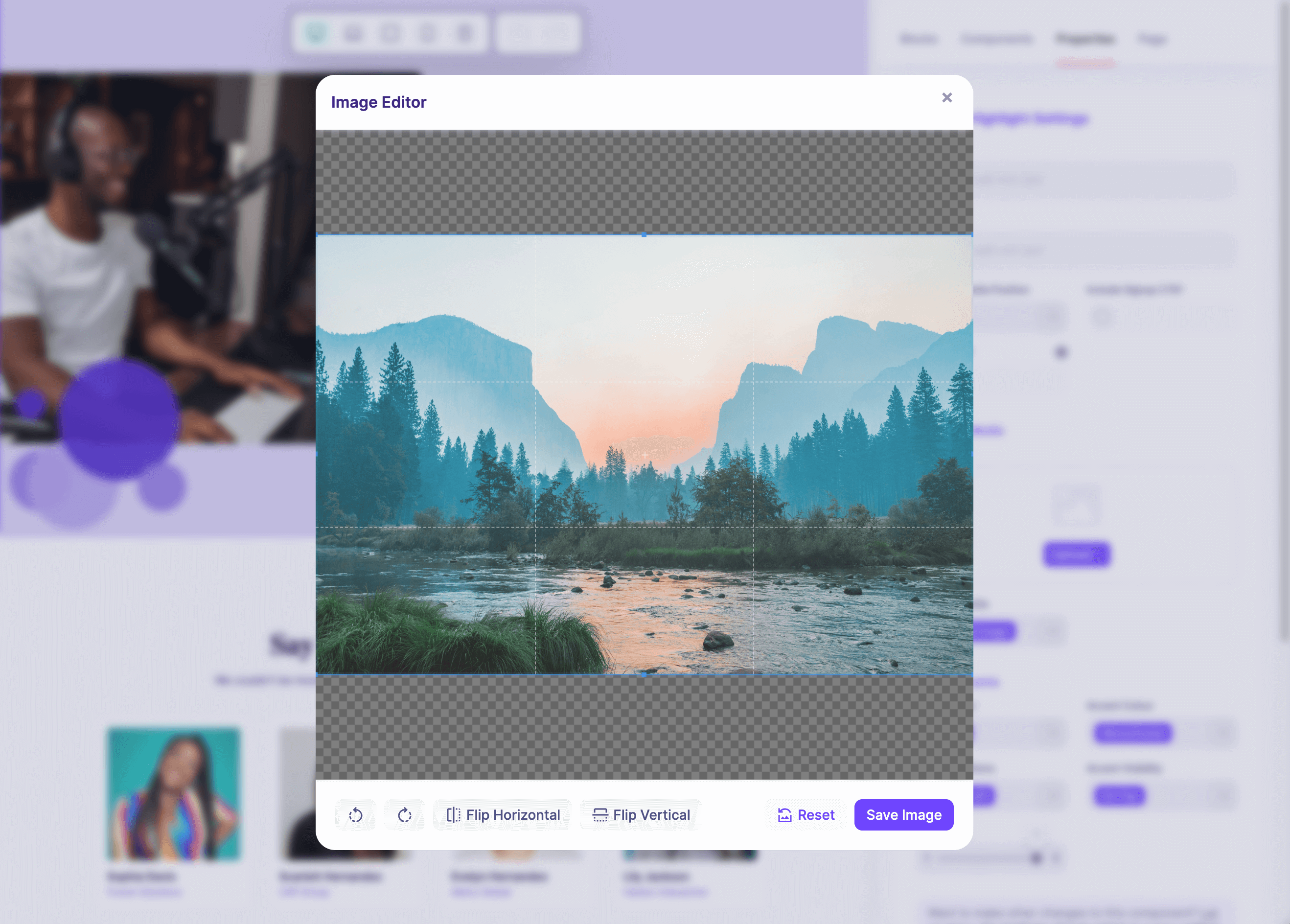 Upload your own images or search for royalty-free images from Unsplash - all from within the page builder. Crop and add them to your pages as needed.