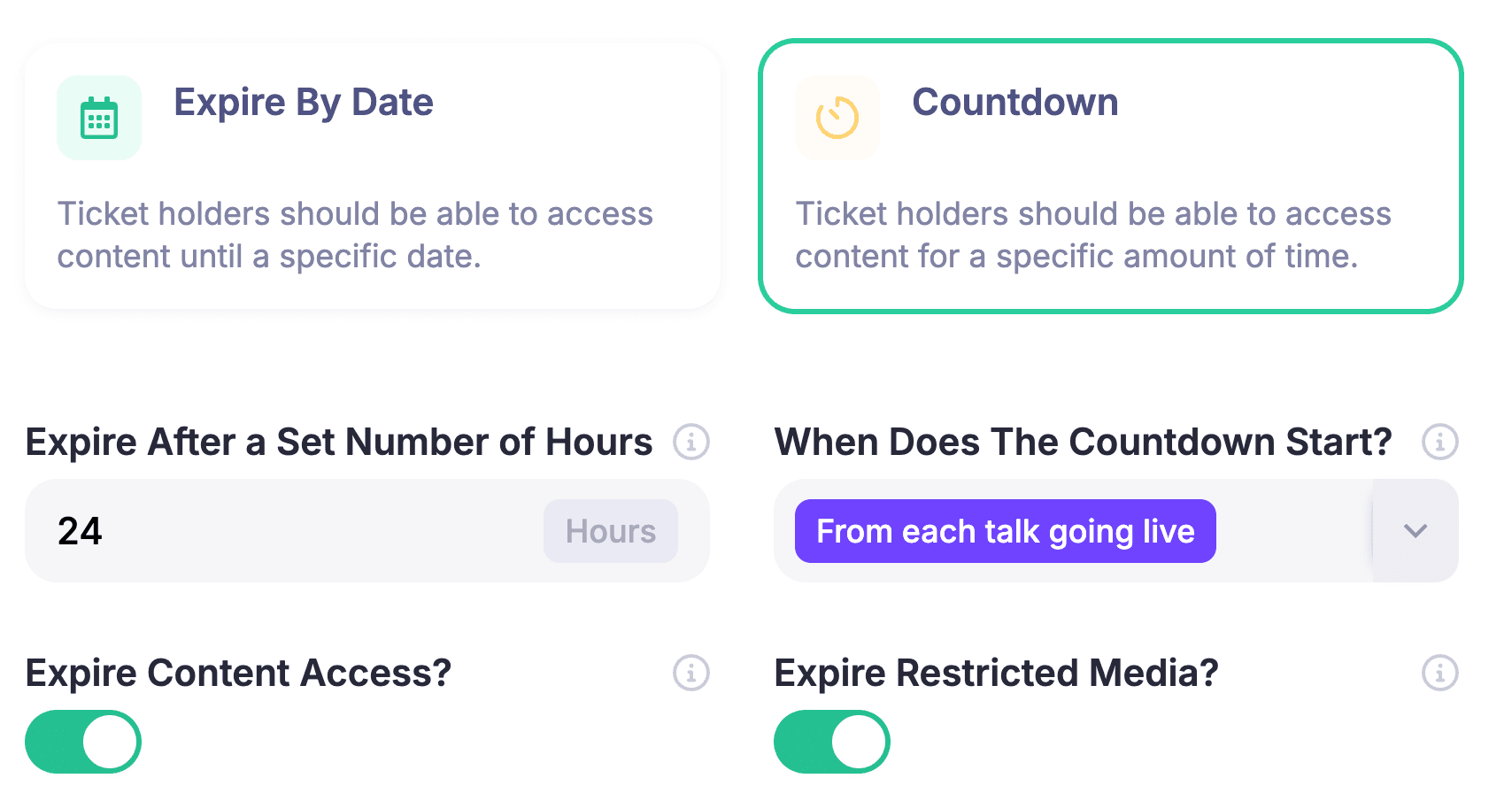 Optionally auto expire the tickets after a set amount of time. Either set a fixed date or a dynamic expiration relative to when each talk finishes.