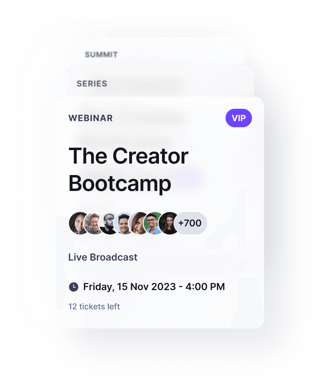 HeySummit event cards showing multiple event sessions and content formats