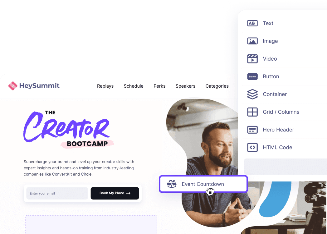 HeySummit event page builder showing configurable page sections for an online event.