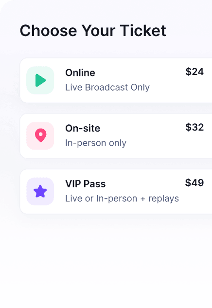 HeySummit ticketing setup showing paid event tickets and access options.