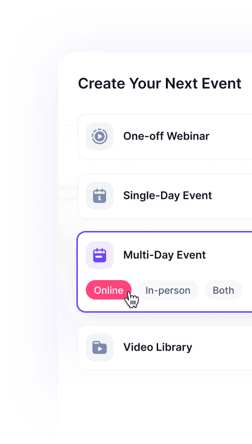 HeySummit event creation workflow for choosing online, in-person, hybrid, and on-demand event formats.