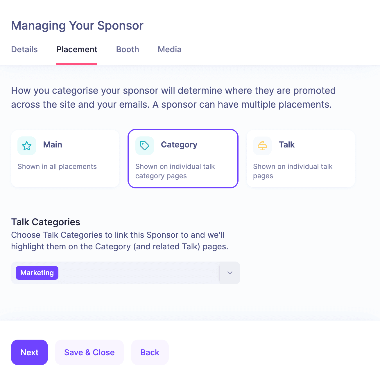 HeySummit sponsor booth page showing sponsor details, media, and engagement options for attendees.