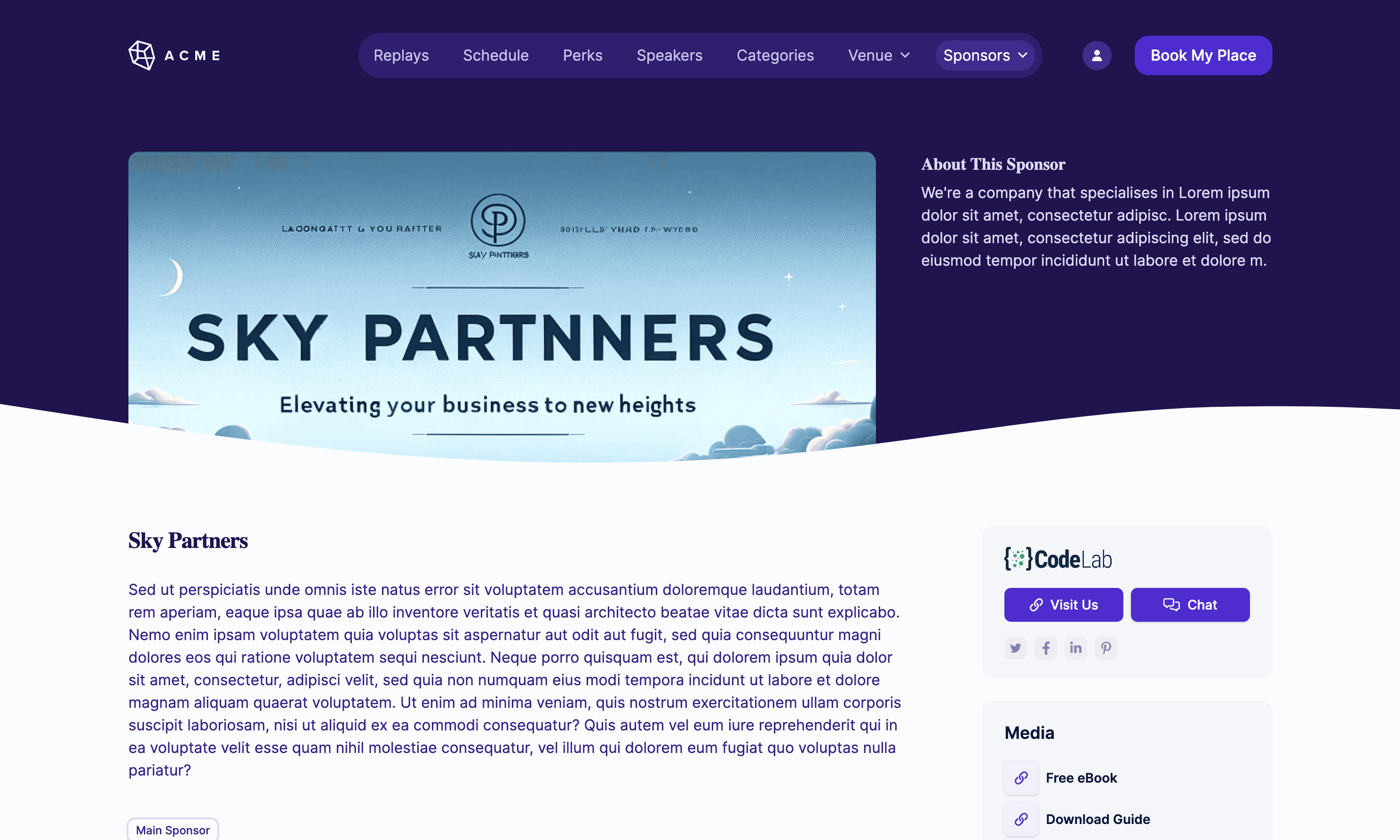 HeySummit sponsor page showing sponsor profile details and media options.