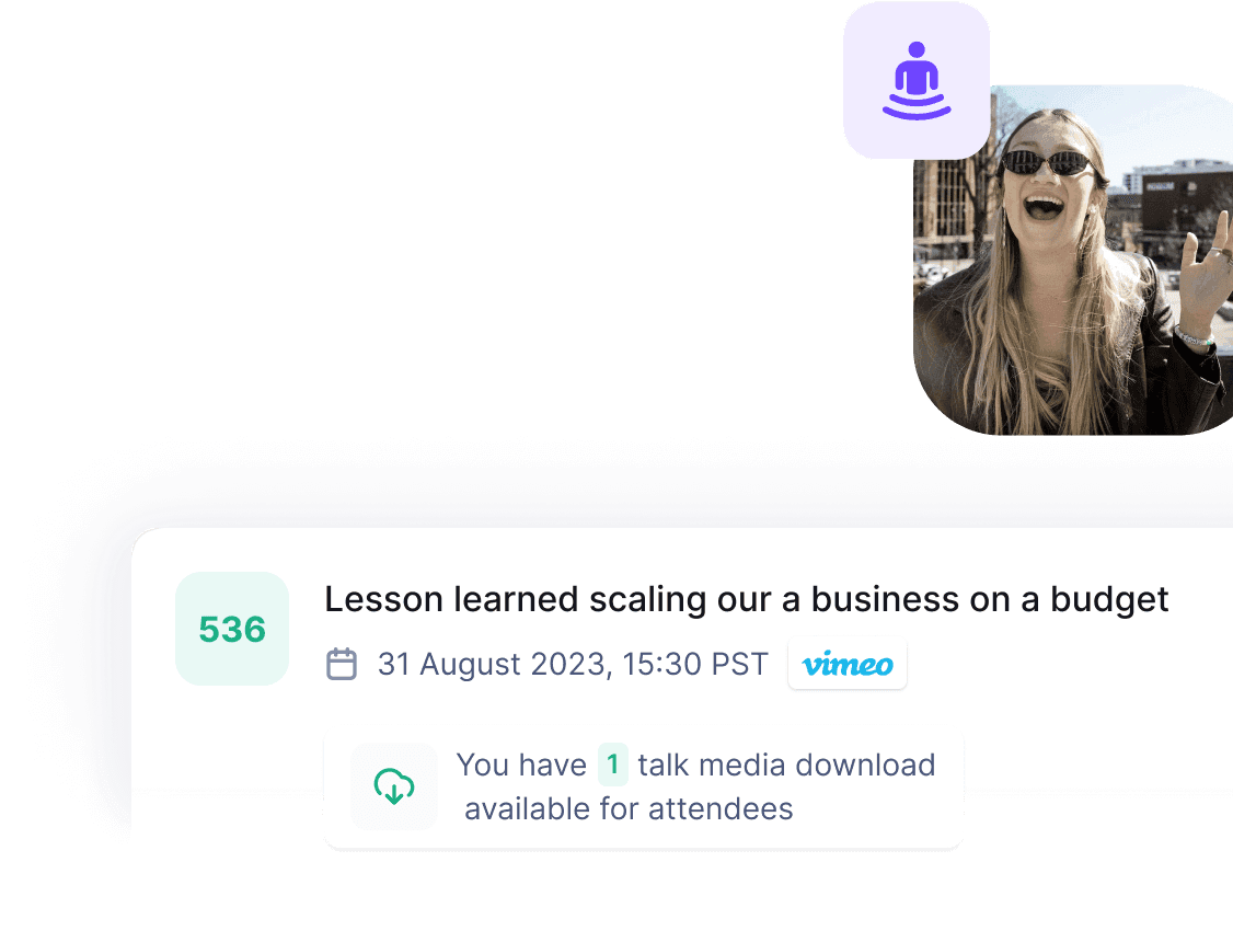 HeySummit speaker dashboard showing talk preparation tasks, speaker profile details, and event participation tools.