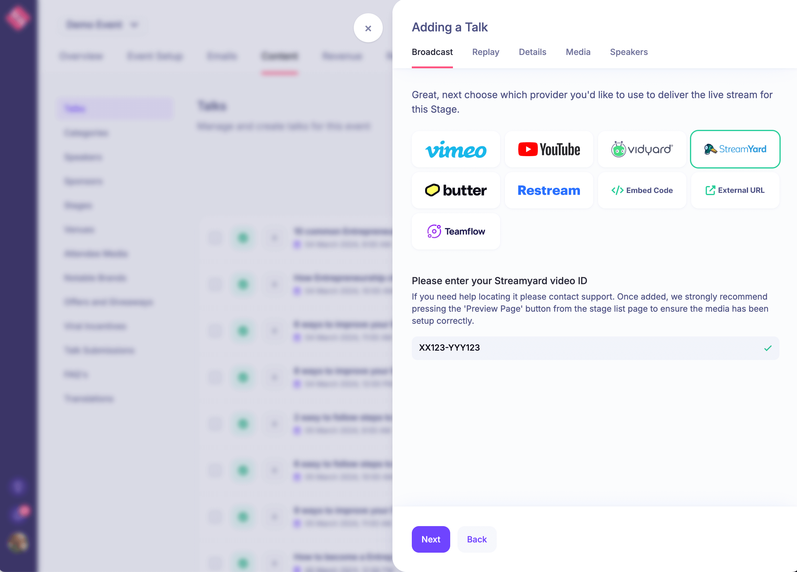HeySummit video integration settings for choosing a broadcast provider for an event session.