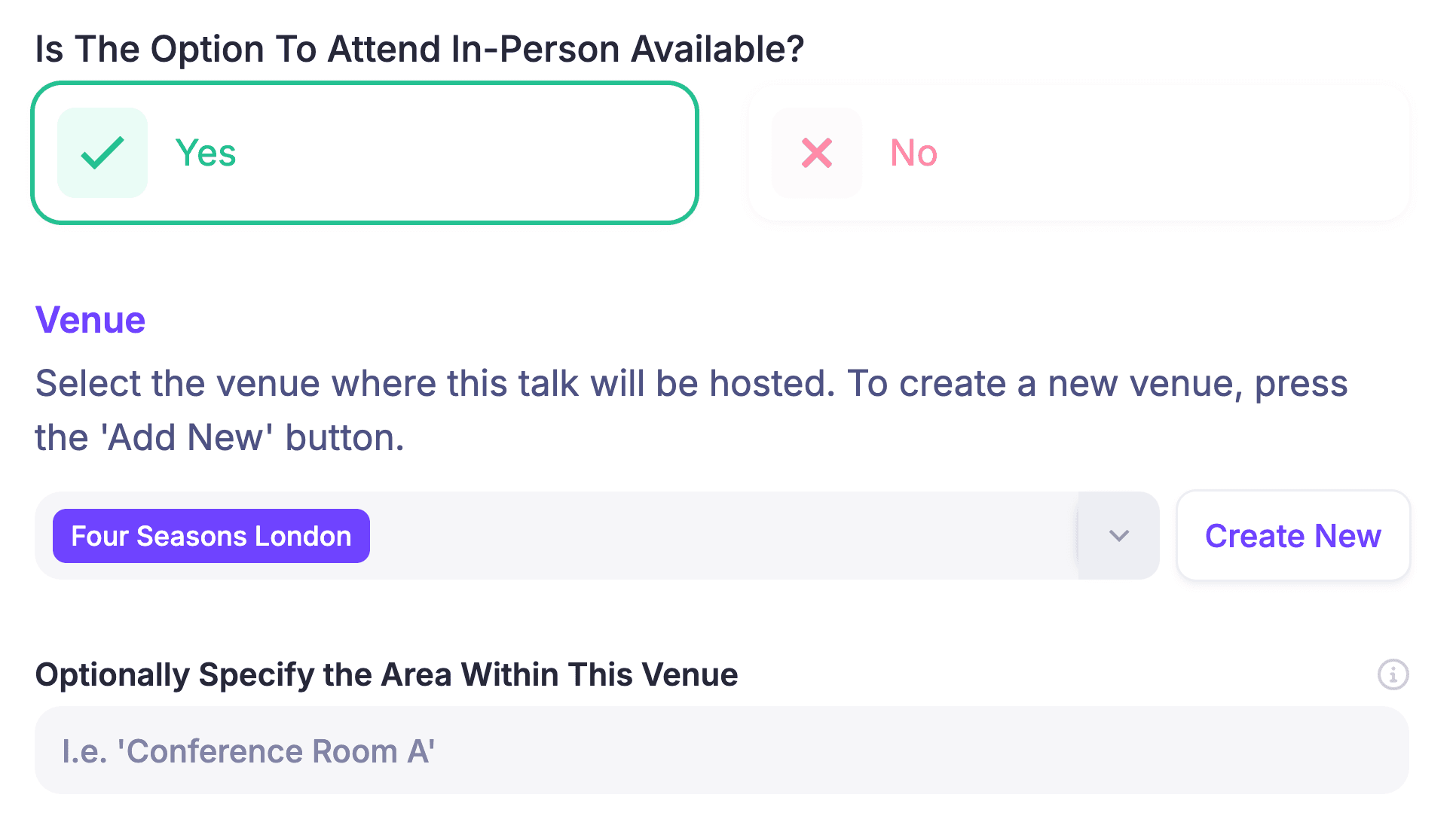 HeySummit talk settings with in-person attendance enabled and a venue selected