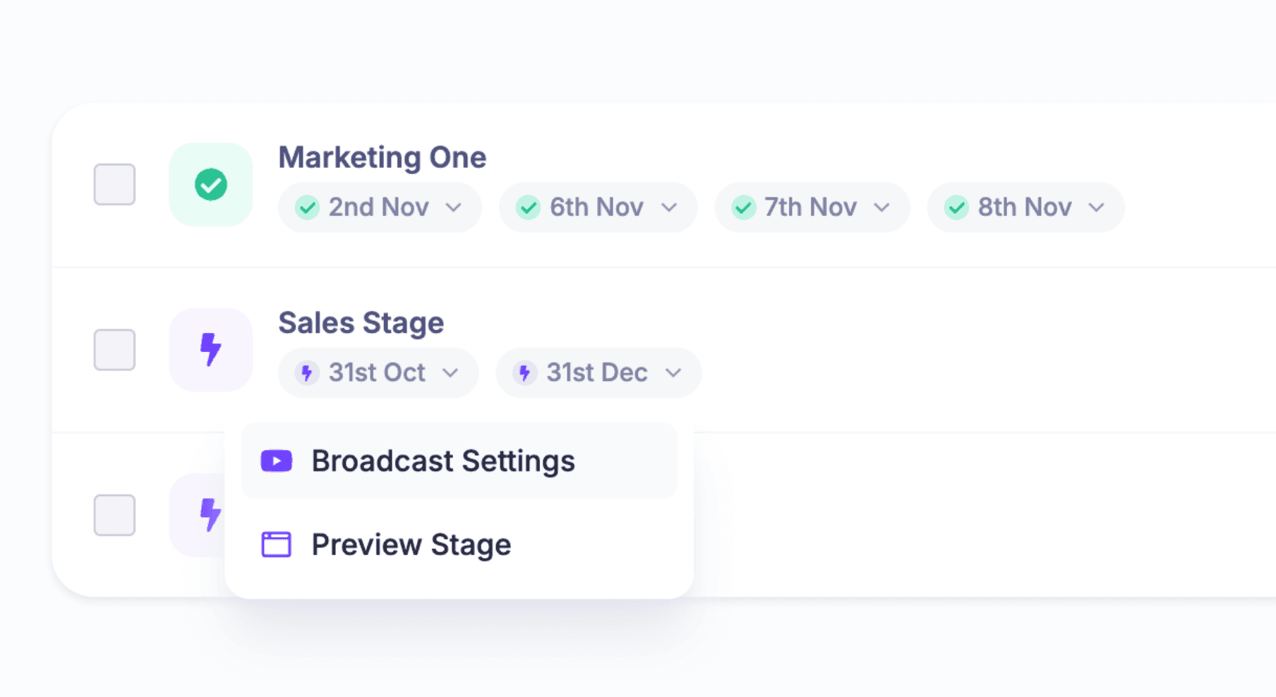 HeySummit stage list showing two named stages with scheduled dates and broadcast settings