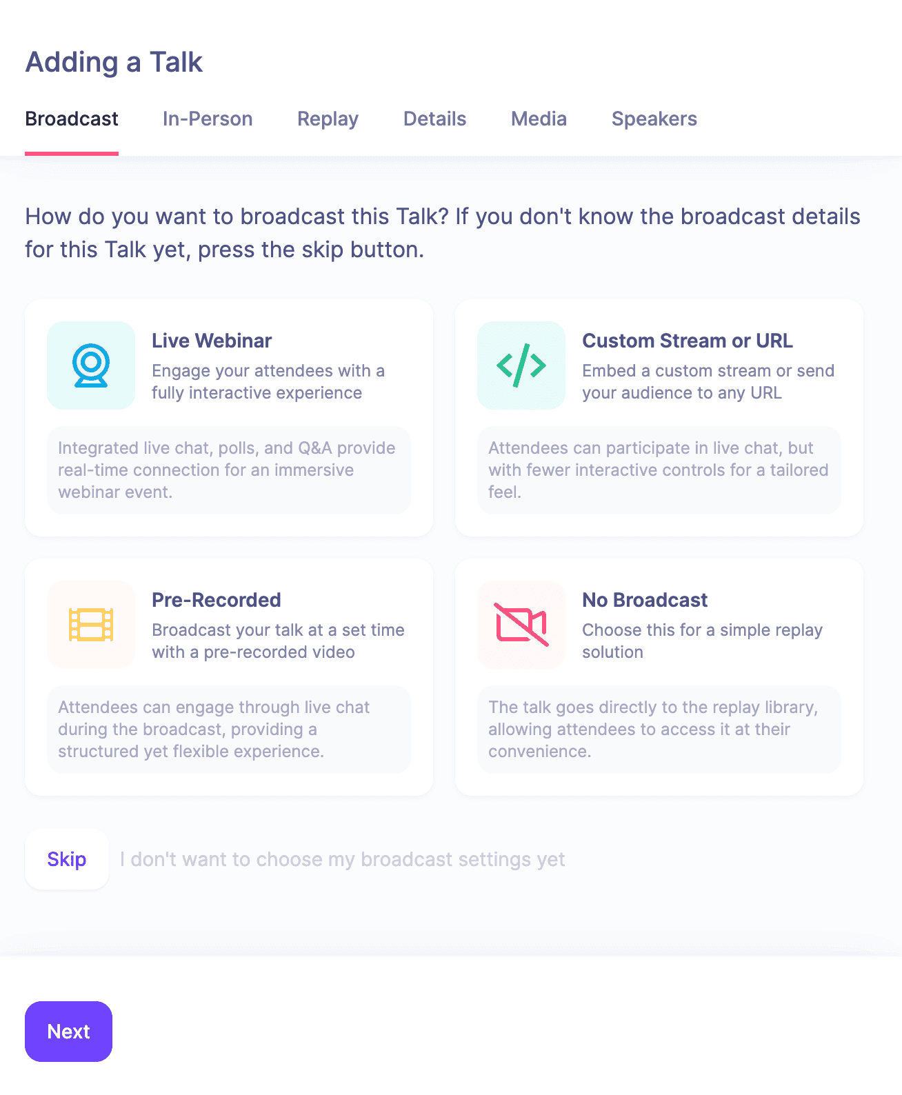 HeySummit talk setup showing live webinar, custom stream, pre-recorded, and replay broadcast choices