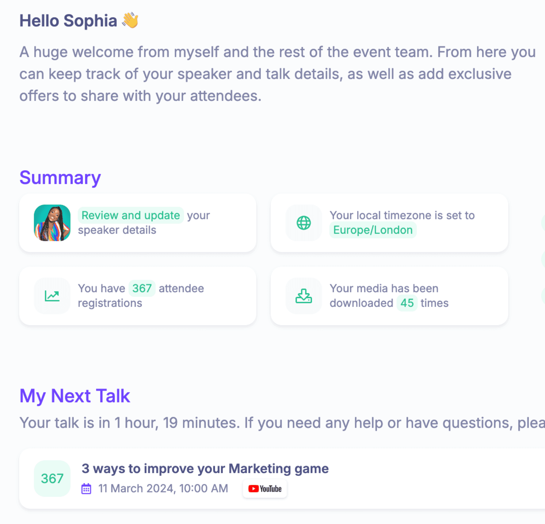 HeySummit speaker dashboard with profile tasks, event registration insight, and talk details