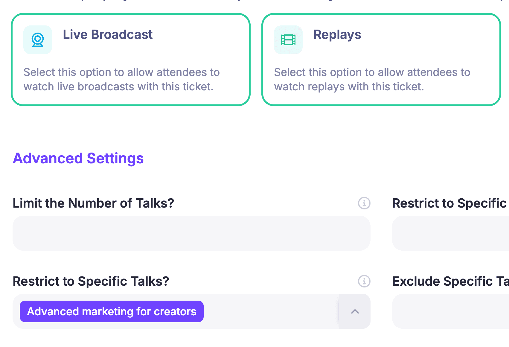 HeySummit ticket settings for live broadcast and replay access with talk-level restrictions