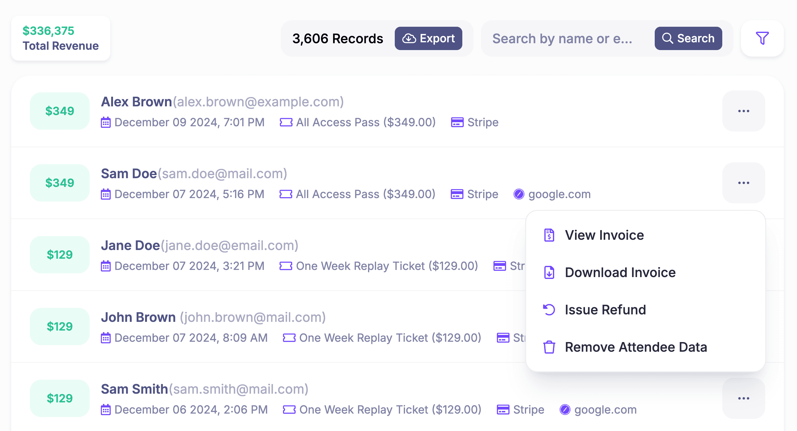 HeySummit sales report with paid ticket records, revenue summary, invoices, refunds and export controls.