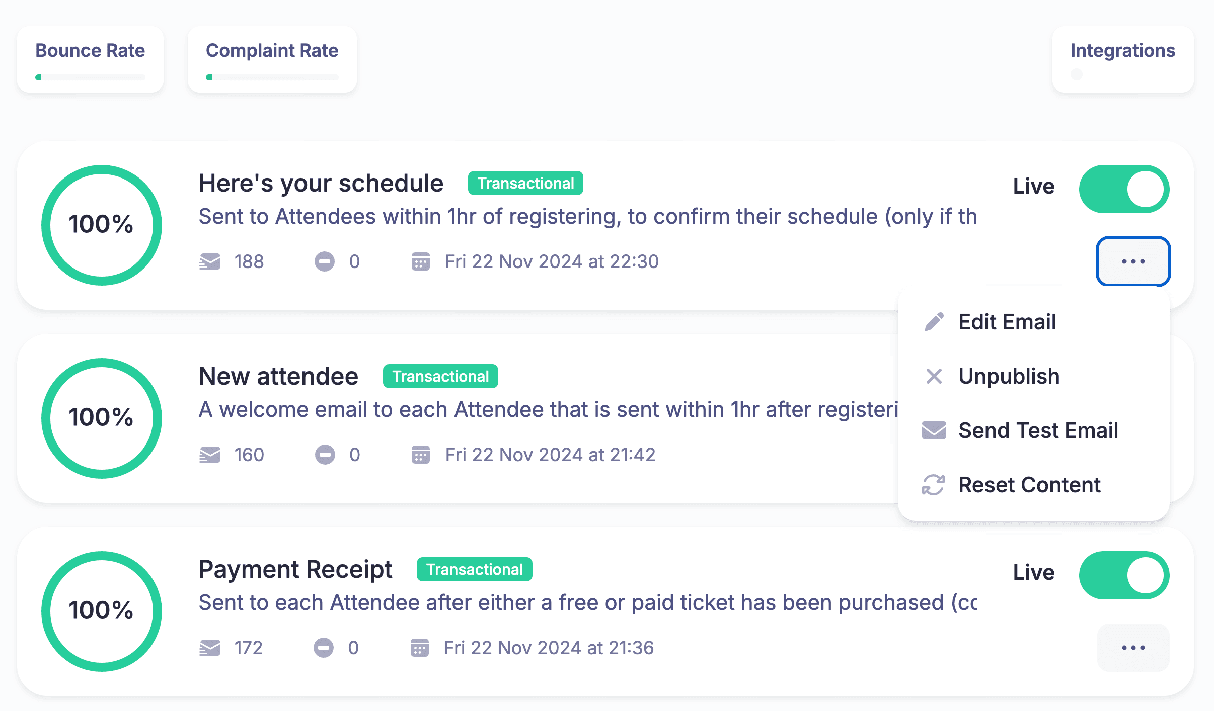 HeySummit event email list showing transactional emails, live status, delivery counts, and email actions.