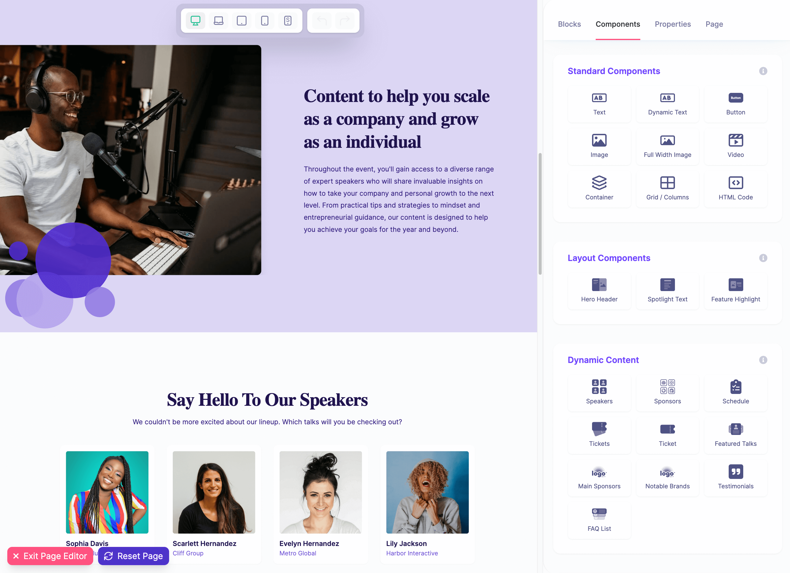 HeySummit event page editor showing standard layout blocks and dynamic speakers, sponsors, schedule, tickets, and FAQ components.