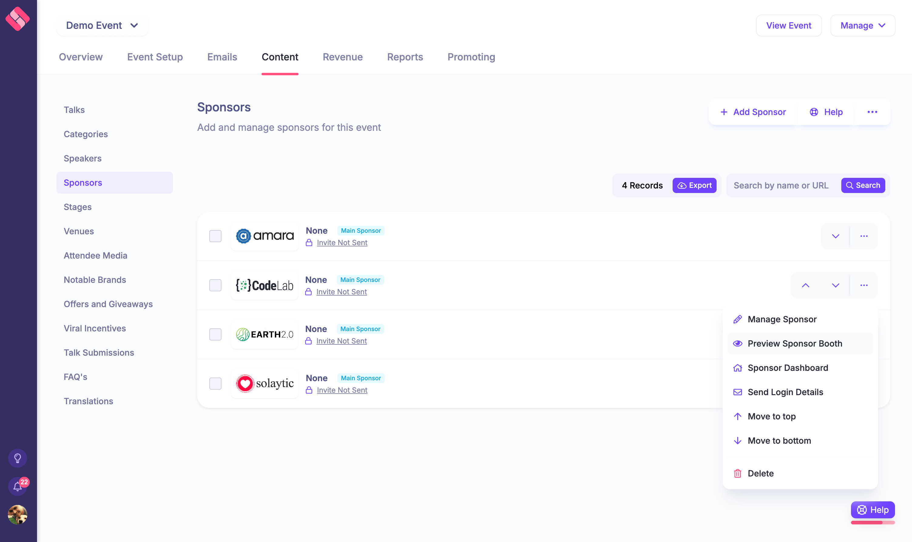 HeySummit demo event sponsor list with controls to manage a sponsor, preview its booth, open the sponsor dashboard, send login details, and change display order
