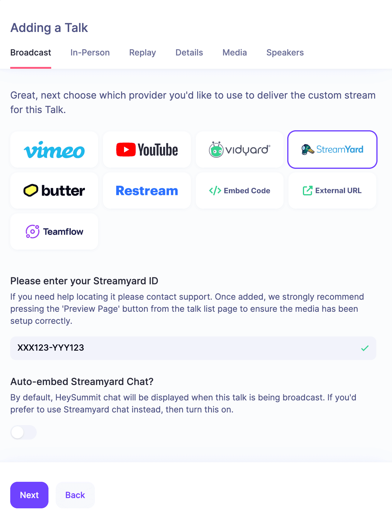 HeySummit talk setup with external video and streaming provider options