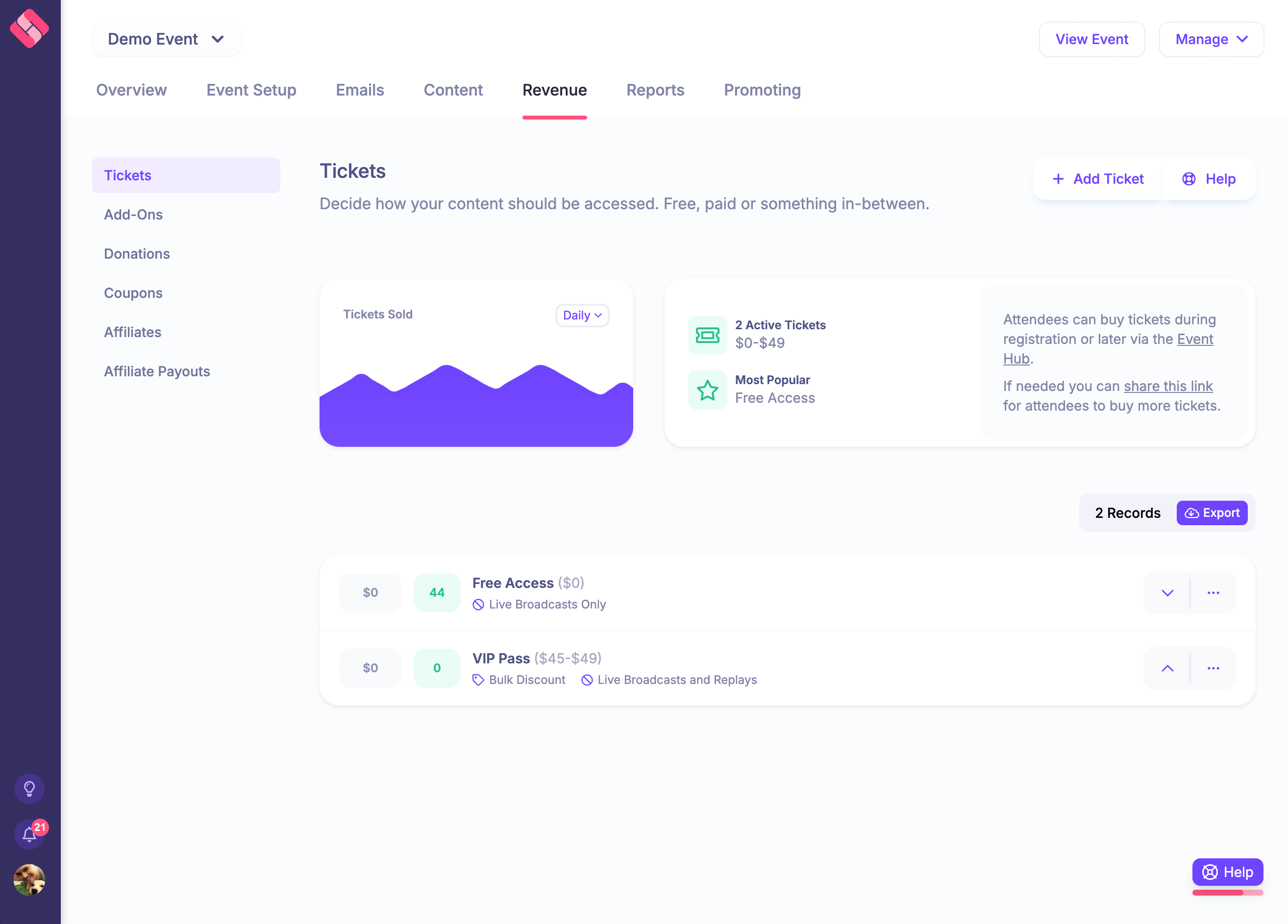 HeySummit demo event ticketing screen showing free and VIP tickets with live-broadcast and replay access rules