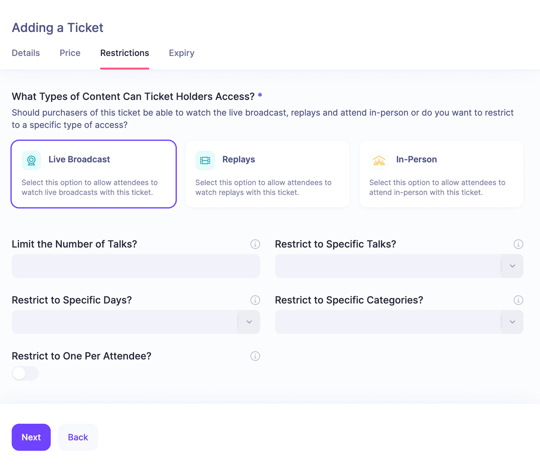 HeySummit ticketing detail screen for managing event ticket access.