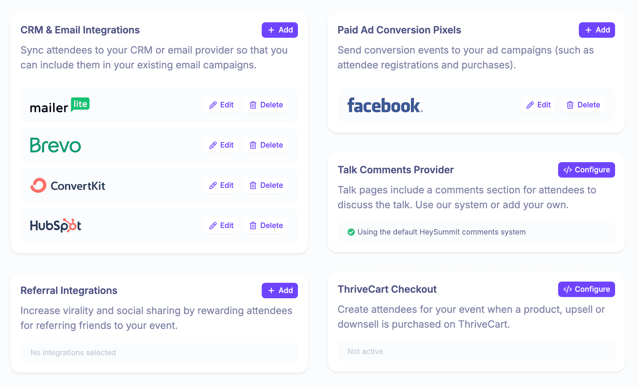 HeySummit integrations dashboard showing event video and marketing integration options
