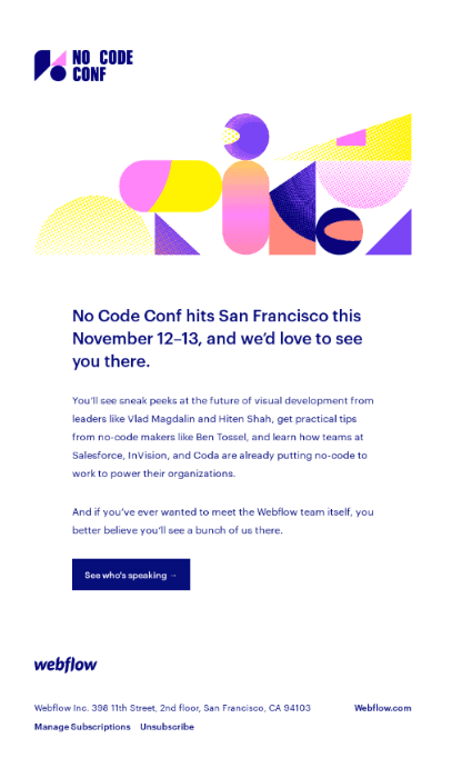 The Webflow No Code Conf event invitation email