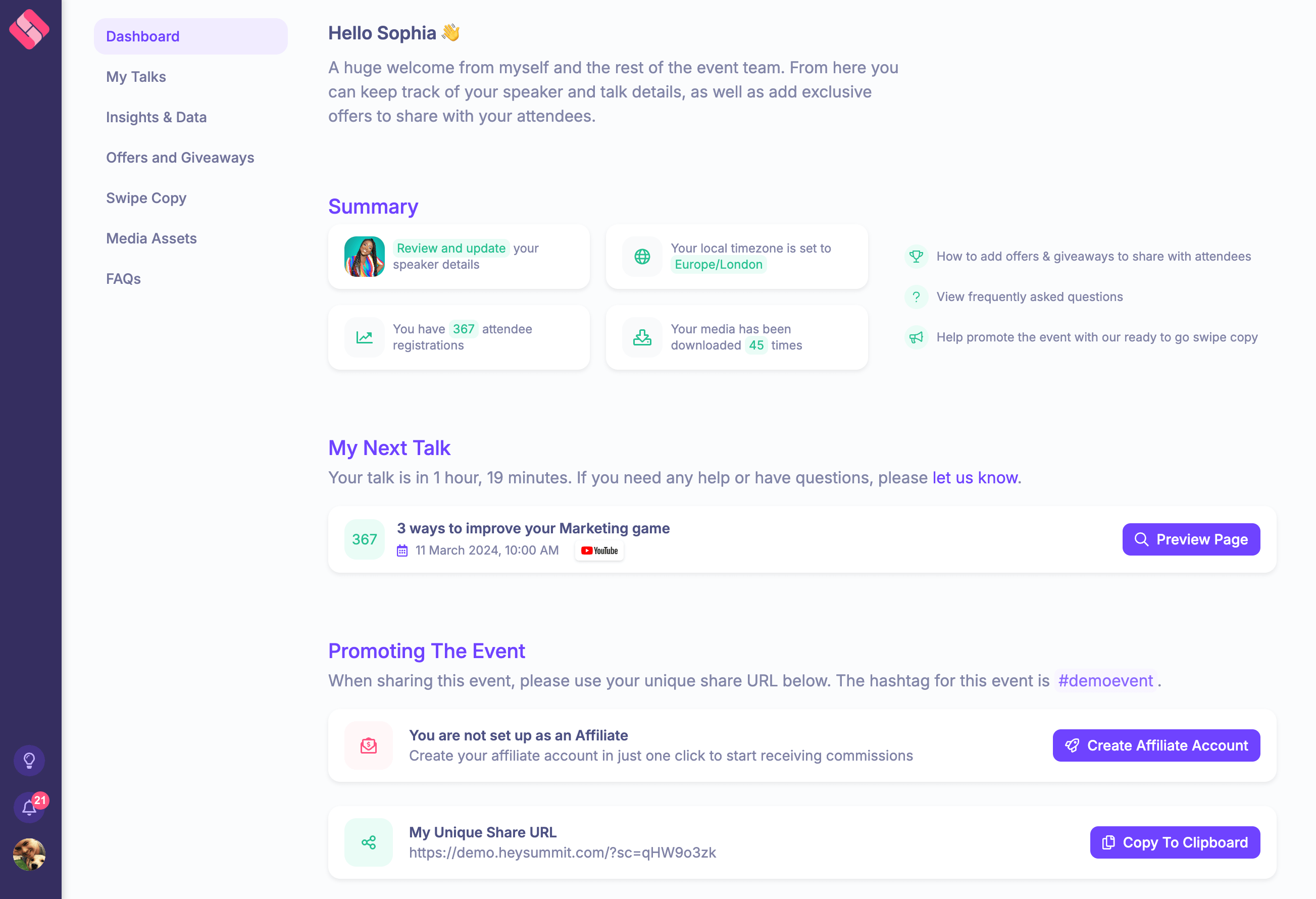 Optionally invite your speakers to access their own dashboard to update their bio and retrieve their unique referral links.