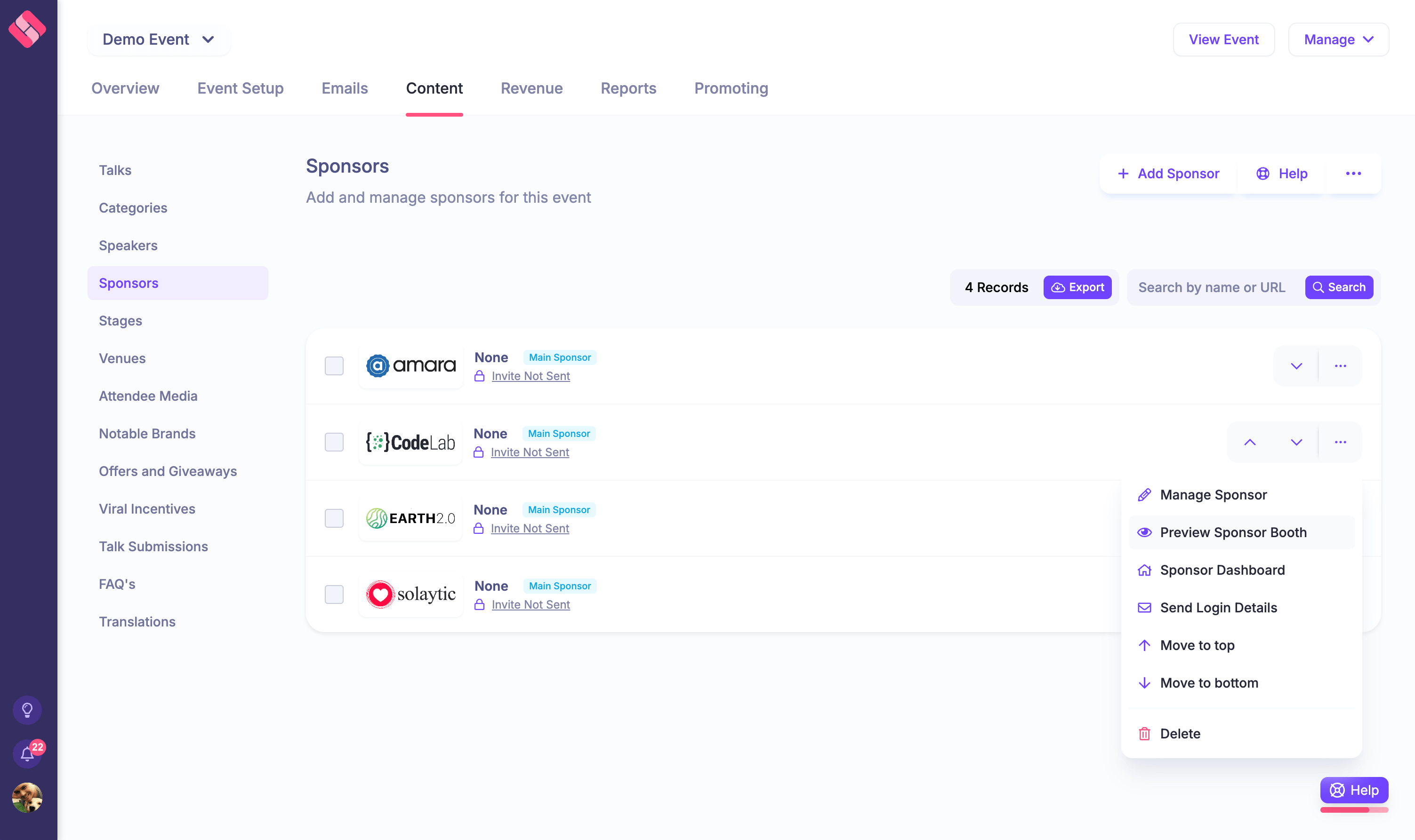 Manage sponsors from one centralised list. Easily update their details, invite them to access their private dashboard, and more.