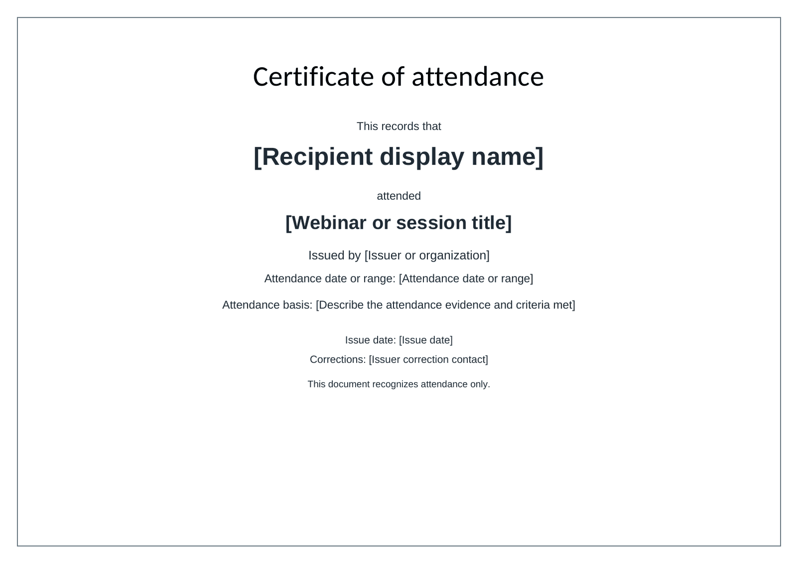 Blank webinar attendance certificate with fields for recipient, session, issuer, attendance date, issue date and correction contact.