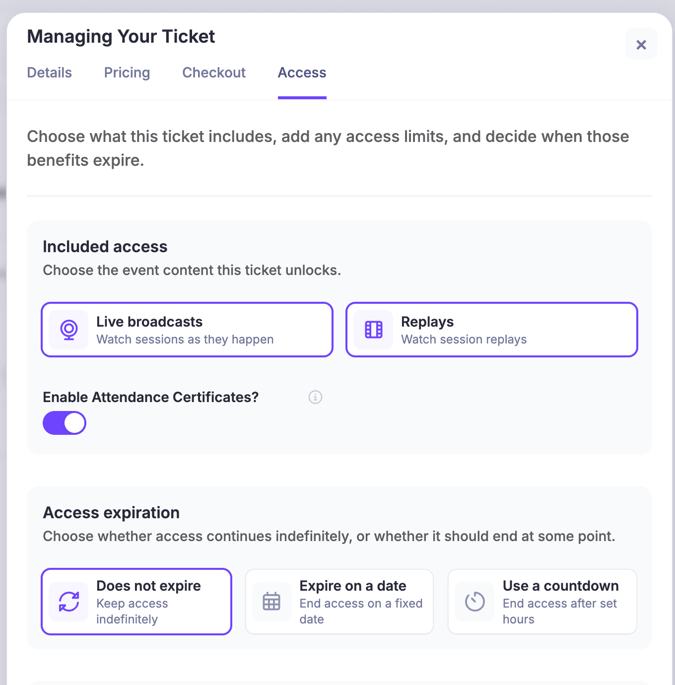 Current HeySummit demo ticket access editor showing separate Live broadcasts and Replays controls, plus access expiration options.